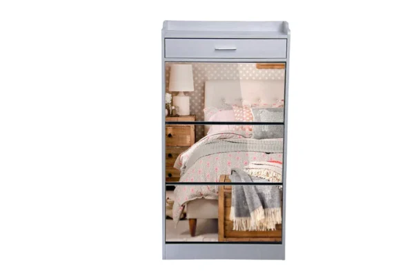 Fine Living Mirror Shoe Cabinet - 3 Tier with Draw - Image 2