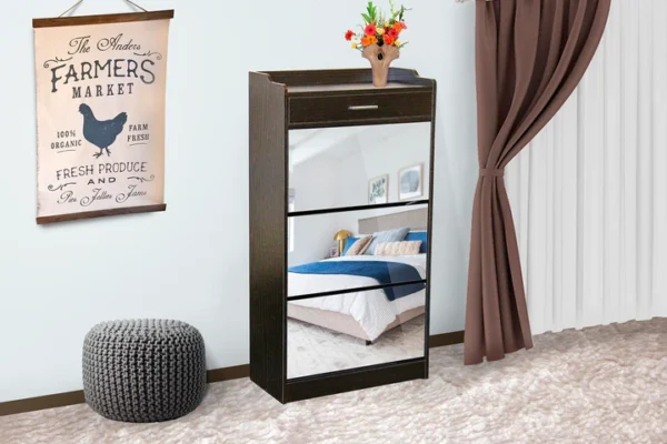 Fine Living Mirror Shoe Cabinet - 3 Tier with Draw - Image 2